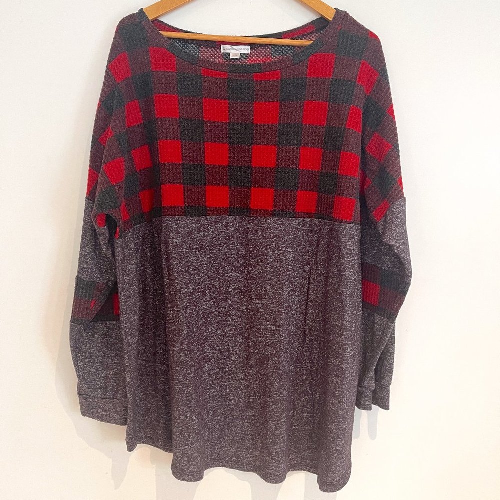 Warehouse One Women Red Plaid & Gray Long Sleeve Pullover Tunic Top Size 3X